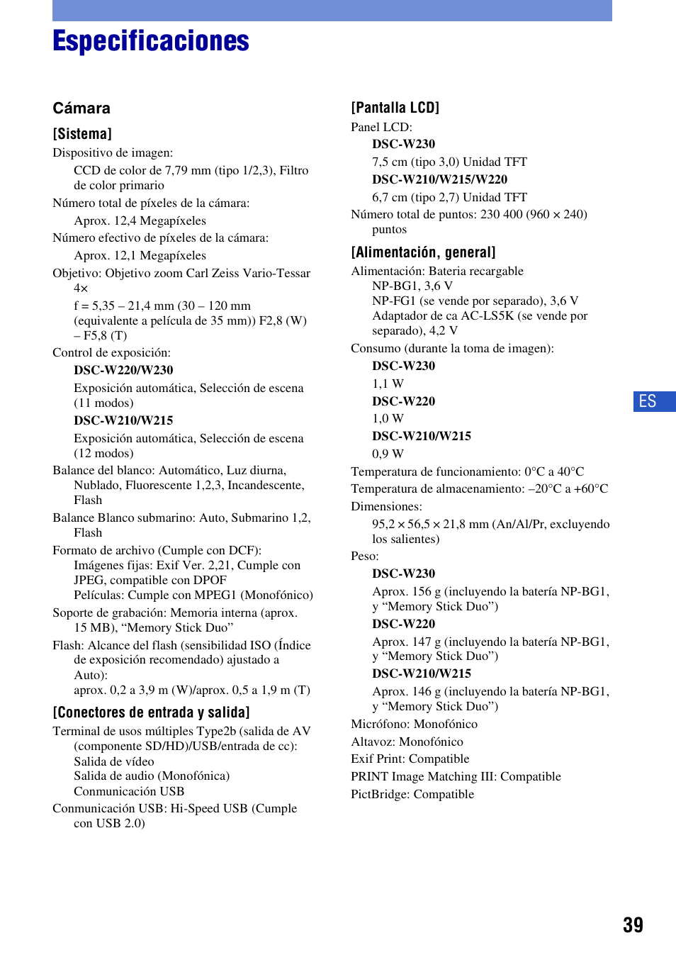 Especificaciones | Sony DSC-W230 User Manual | Page 75 / 80