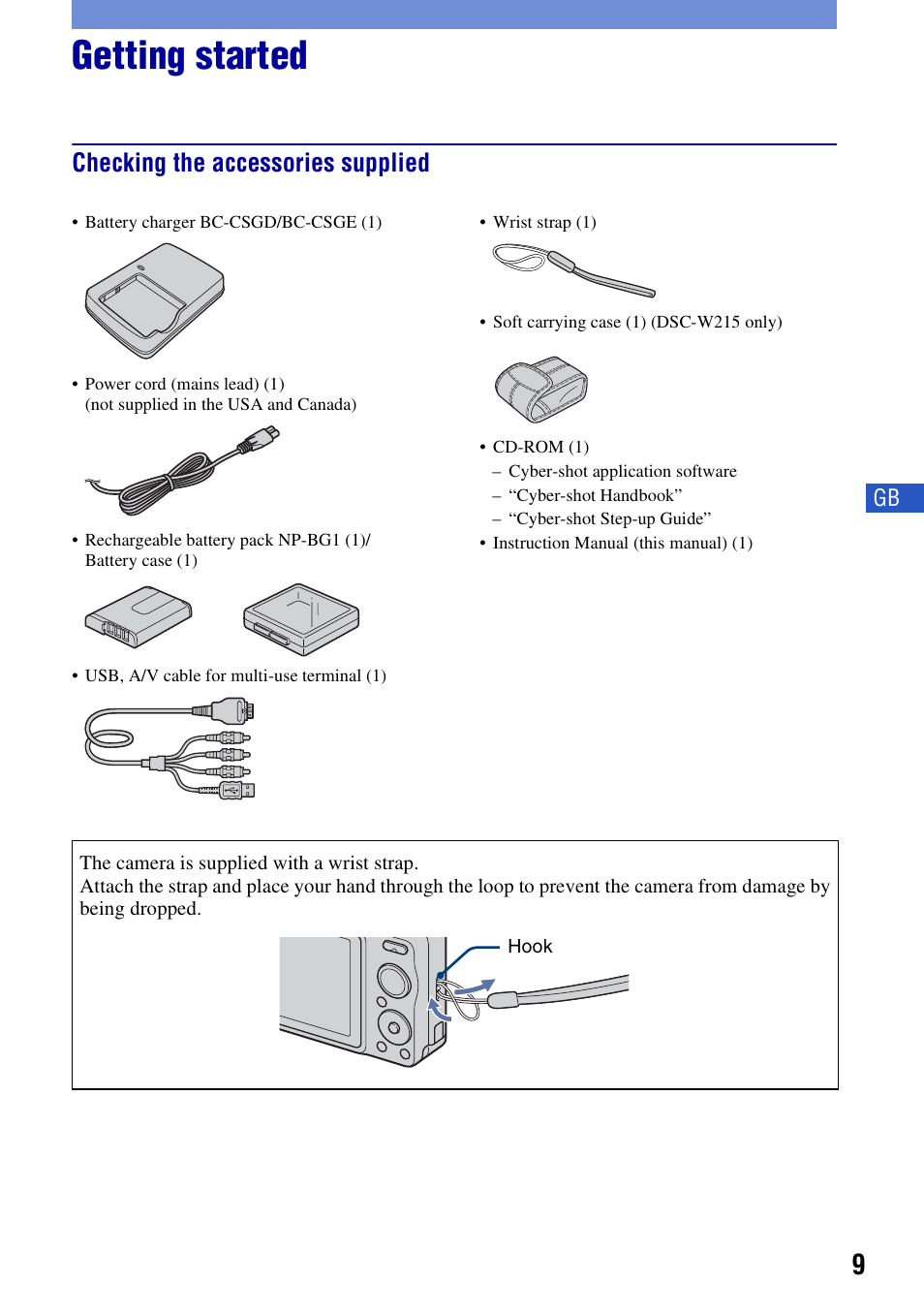 Getting started, Checking the accessories supplied | Sony DSC-W230 User Manual | Page 9 / 80