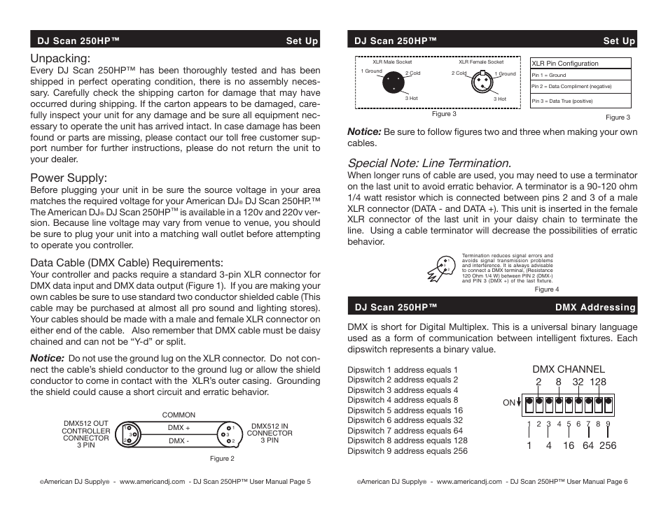 Unpacking, Power supply, Data cable (dmx cable) requirements | Notice, Dmx channel, Dj scan 250hp.™ the american dj, Dj scan 250hp, Dj scan 250hp™ set up, Dj scan 250hp™ dmx addressing | American Audio 250HP User Manual | Page 3 / 8