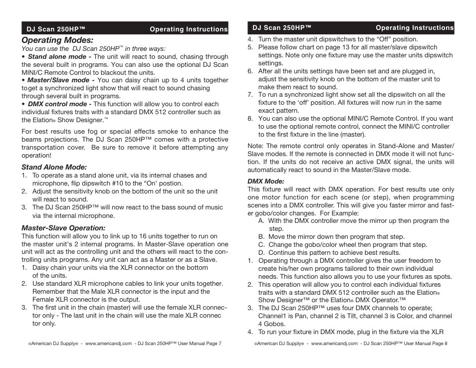 Operating modes | American Audio 250HP User Manual | Page 4 / 8