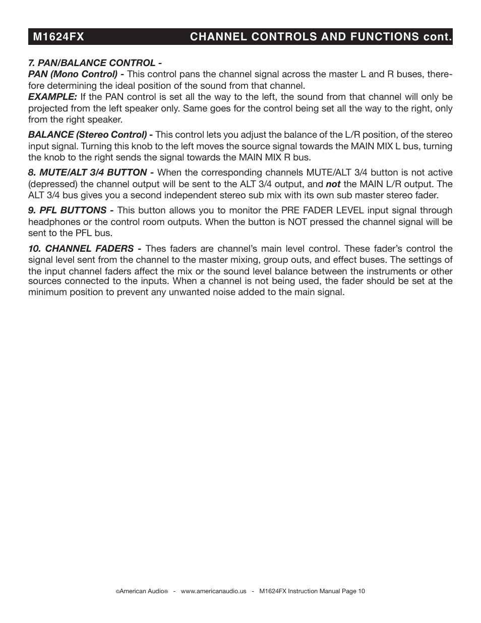 M1624fx channel controls and functions cont | American Audio M1624FX User Manual | Page 10 / 26