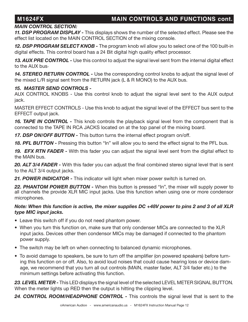 M1624fx main controls and functions cont | American Audio M1624FX User Manual | Page 12 / 26
