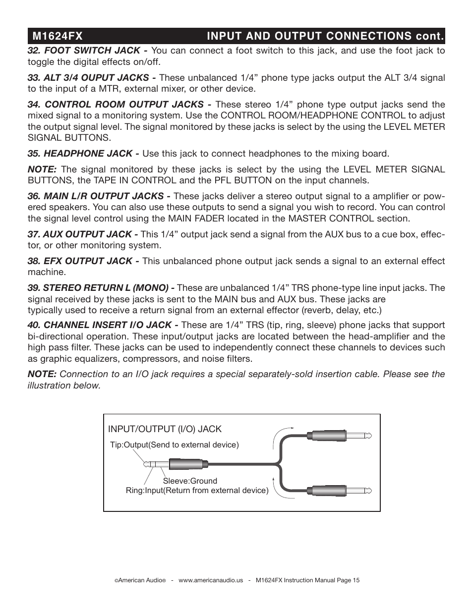 M1624fx input and output connections cont | American Audio M1624FX User Manual | Page 15 / 26