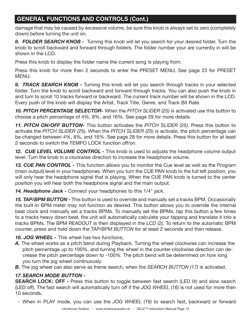 General functions and controls (cont.) | American Audio SDJ-2 User Manual | Page 10 / 35