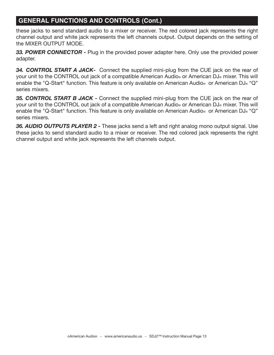 General functions and controls (cont.), Or american dj | American Audio SDJ-2 User Manual | Page 13 / 35