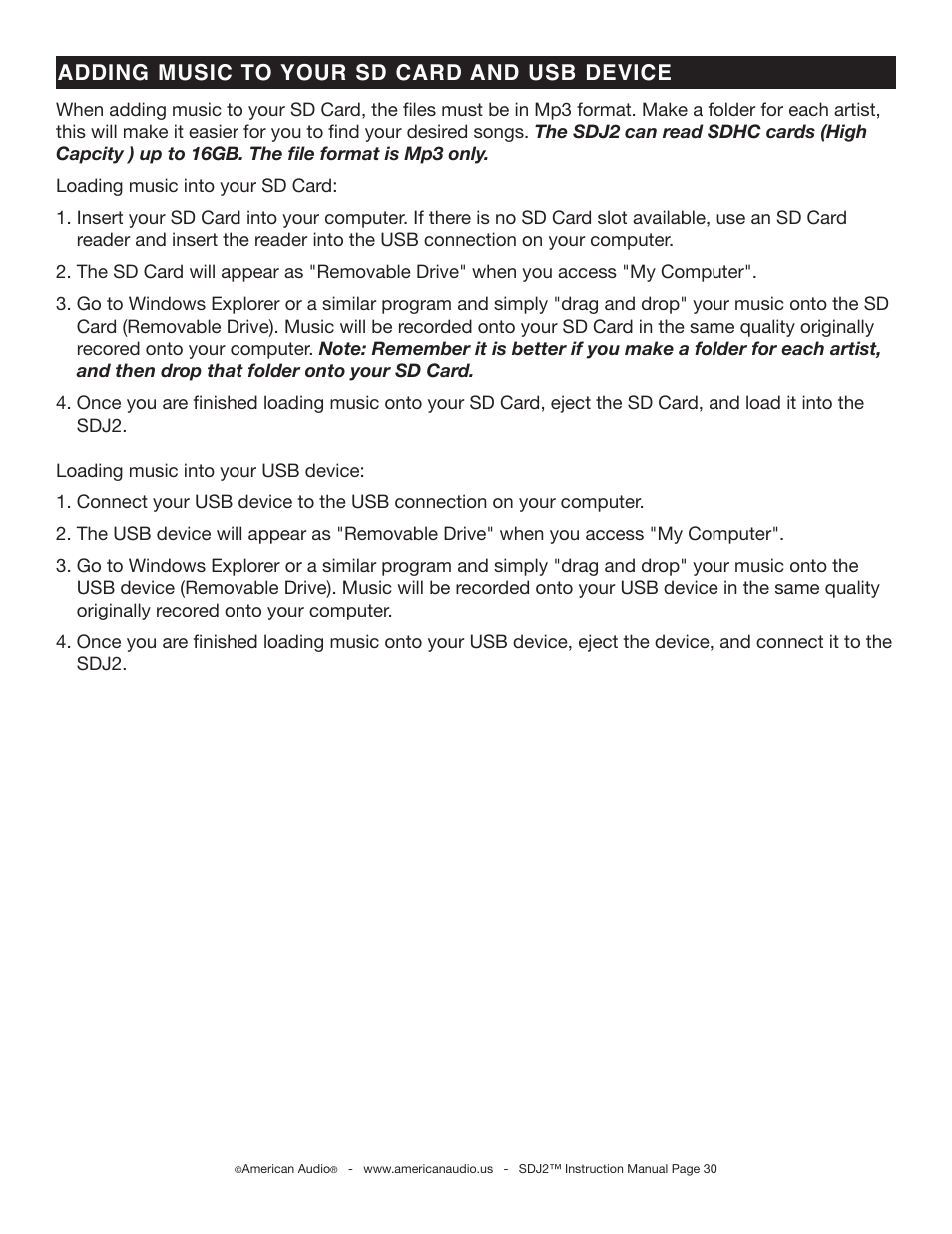 Adding music to your sd card and usb device | American Audio SDJ-2 User Manual | Page 30 / 35