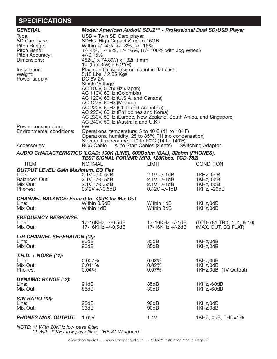 Specifications | American Audio SDJ-2 User Manual | Page 33 / 35