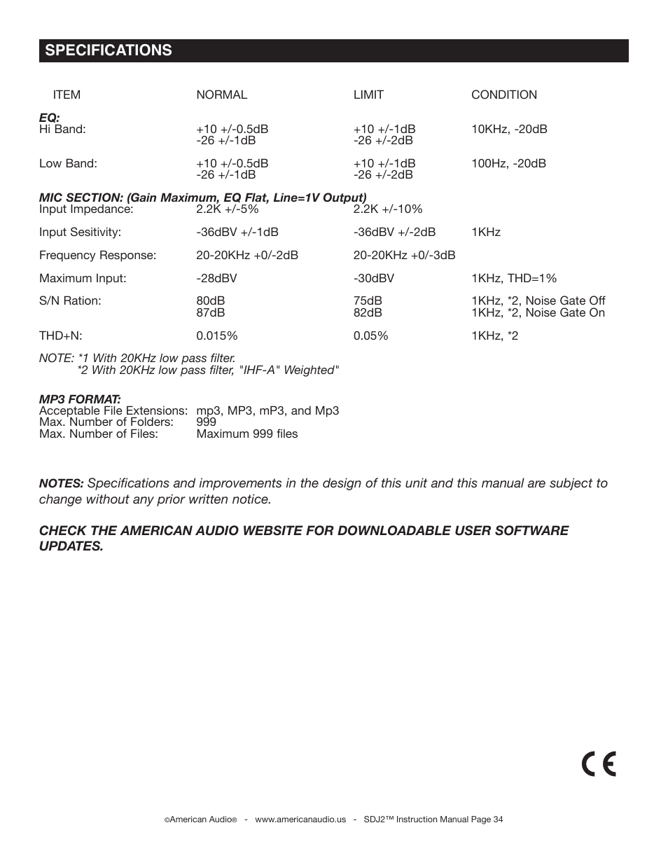 Specifications | American Audio SDJ-2 User Manual | Page 34 / 35