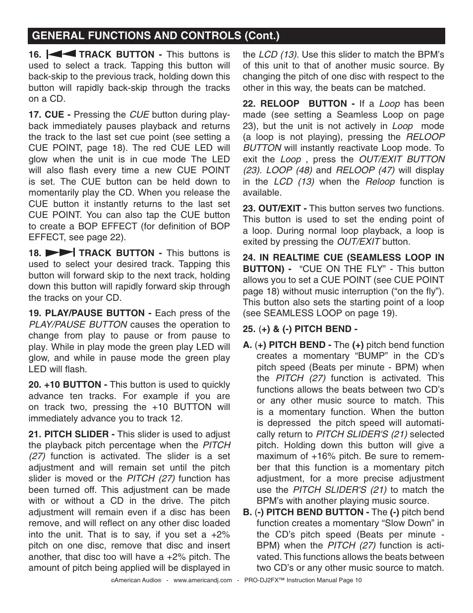 General functions and controls (cont.) | American Audio PRO-DJ2FX User Manual | Page 10 / 28