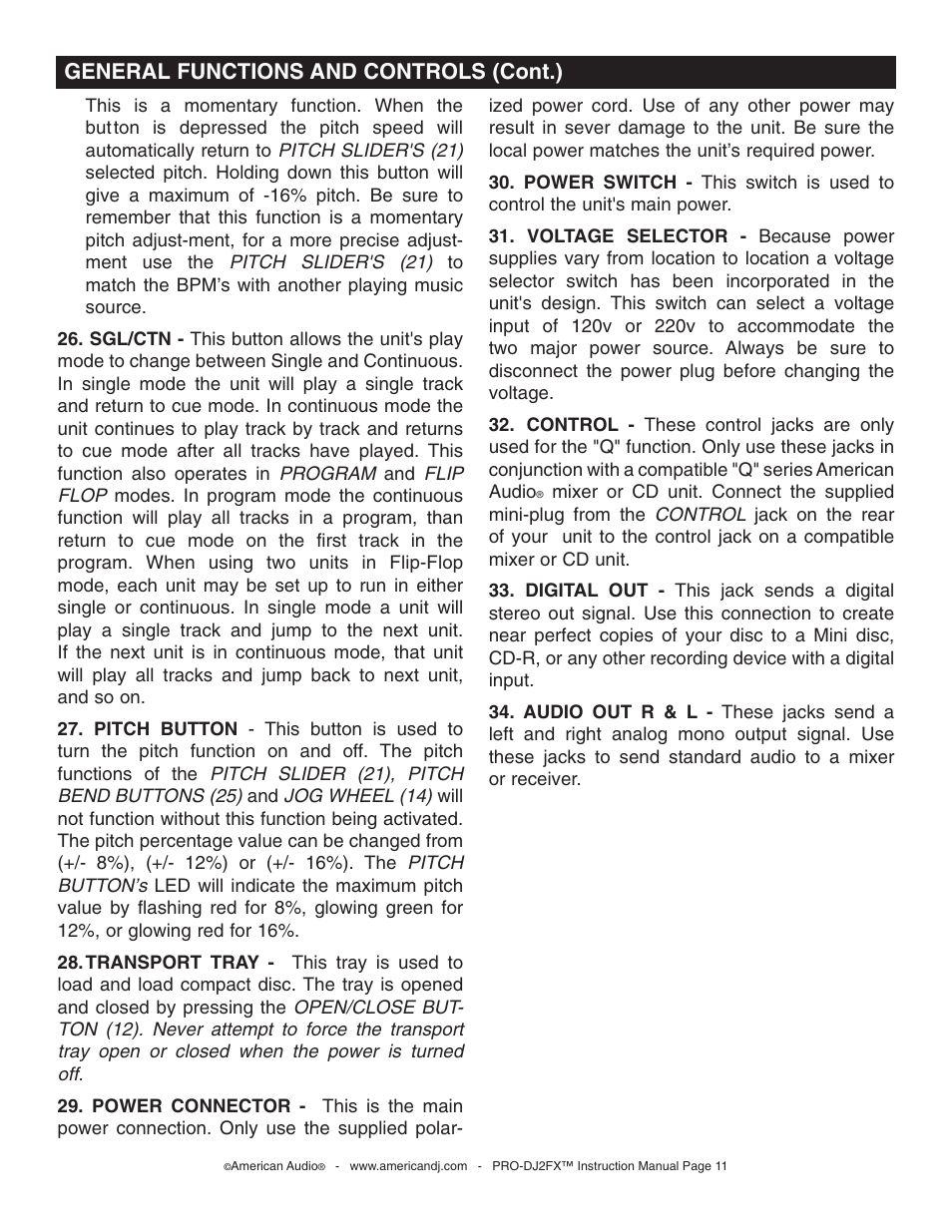 General functions and controls (cont.) | American Audio PRO-DJ2FX User Manual | Page 11 / 28