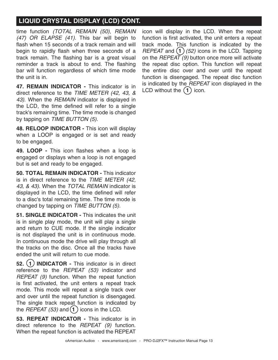 Liquid crystal display (lcd) cont | American Audio PRO-DJ2FX User Manual | Page 13 / 28