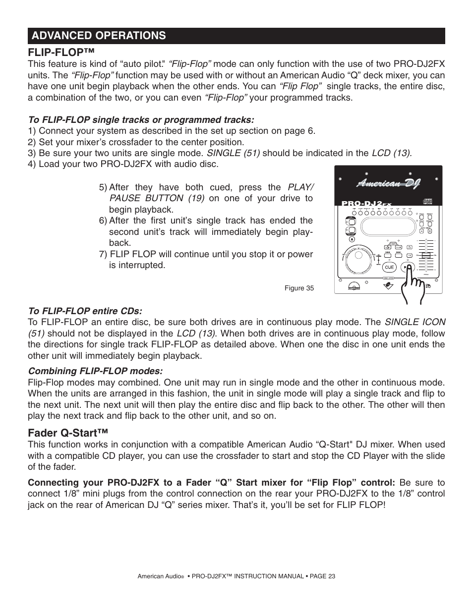 Fader q-start, Advanced operations, Flip-flop | American Audio PRO-DJ2FX User Manual | Page 23 / 28