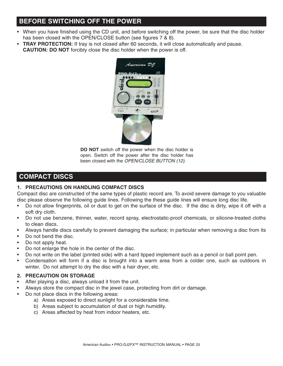 Compact discs, Before switching off the power | American Audio PRO-DJ2FX User Manual | Page 25 / 28