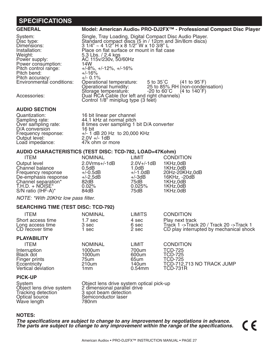 Specifications | American Audio PRO-DJ2FX User Manual | Page 27 / 28