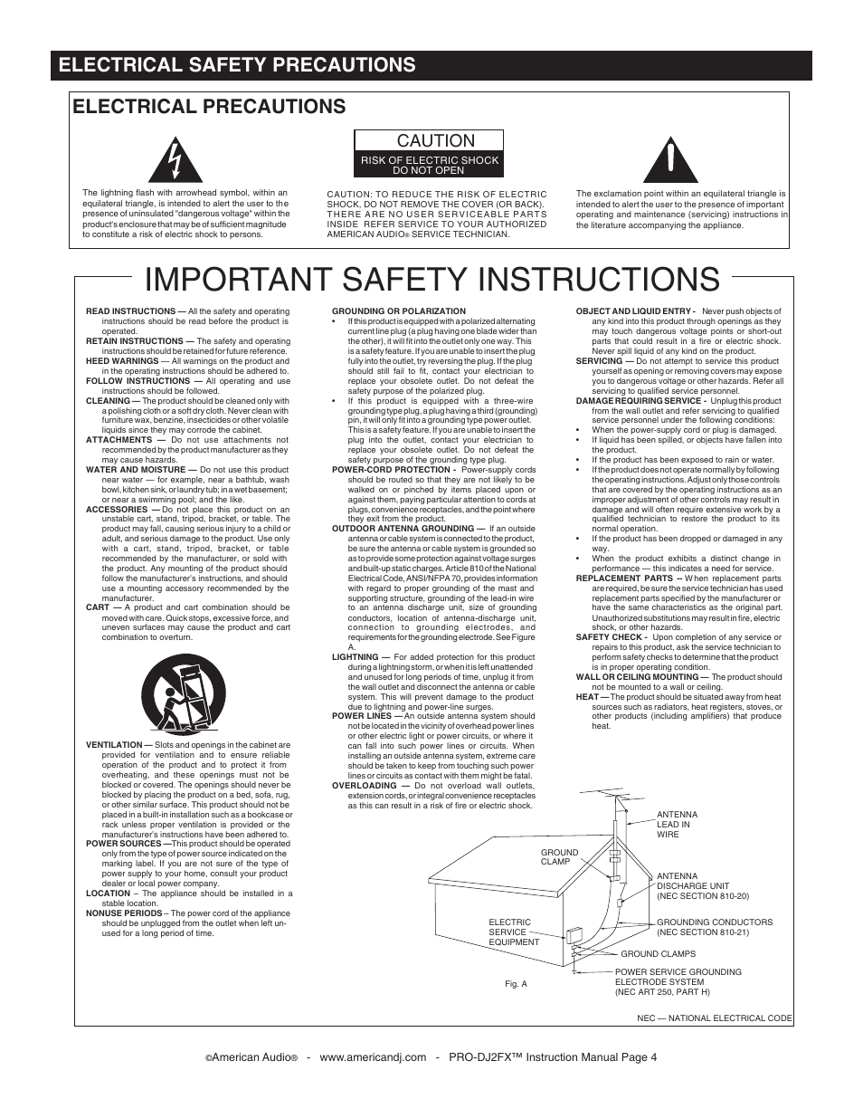 Important safety instructions, Electrical precautions, Electrical safety precautions | Caution | American Audio PRO-DJ2FX User Manual | Page 4 / 28