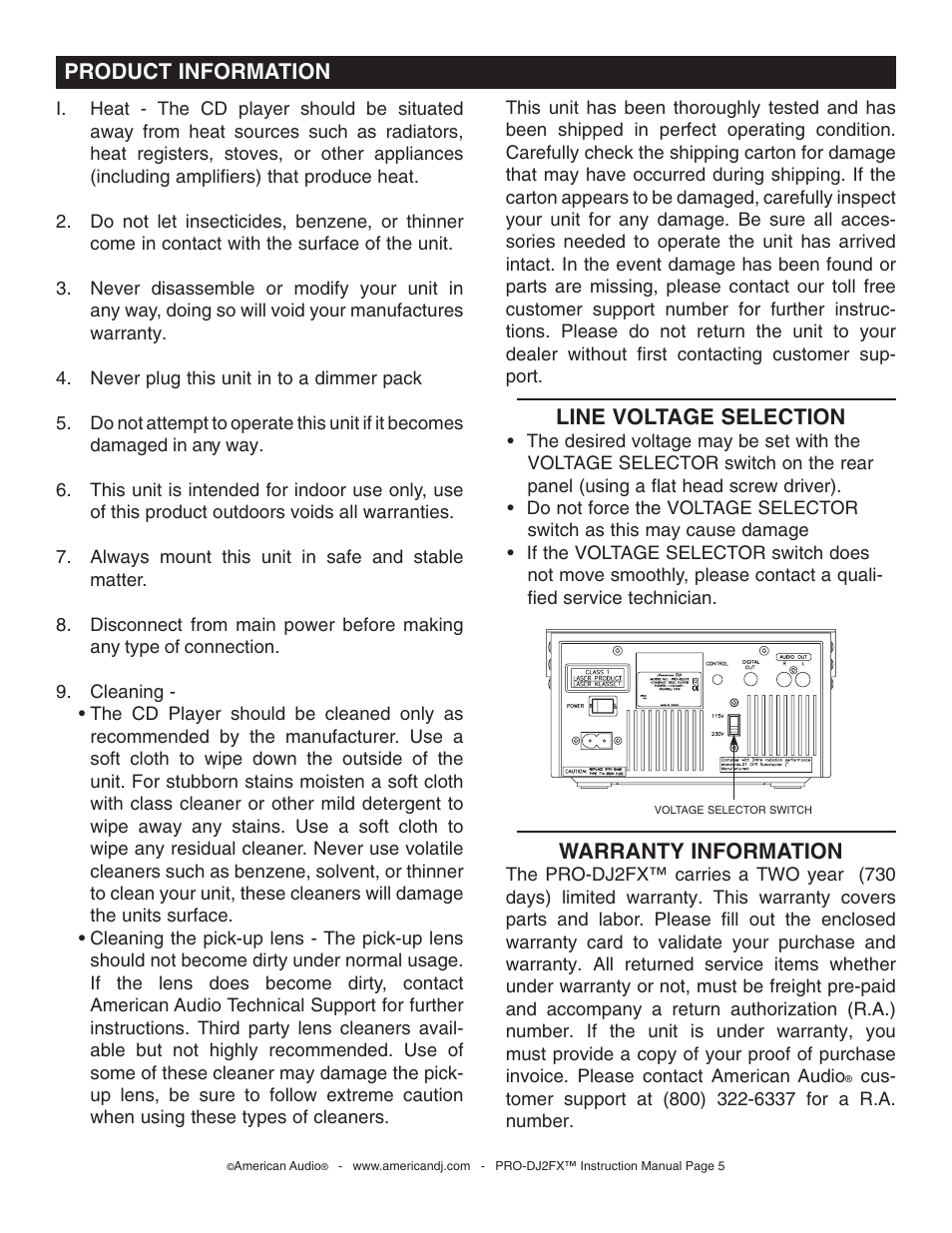 Product information, Line voltage selection, Warranty information | American Audio PRO-DJ2FX User Manual | Page 5 / 28