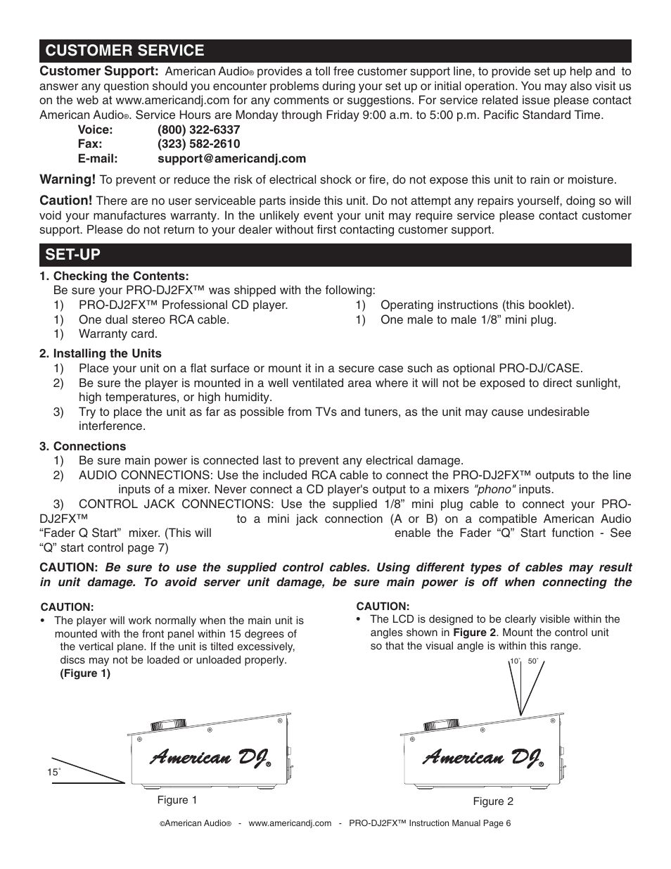 Set-up, Customer service | American Audio PRO-DJ2FX User Manual | Page 6 / 28