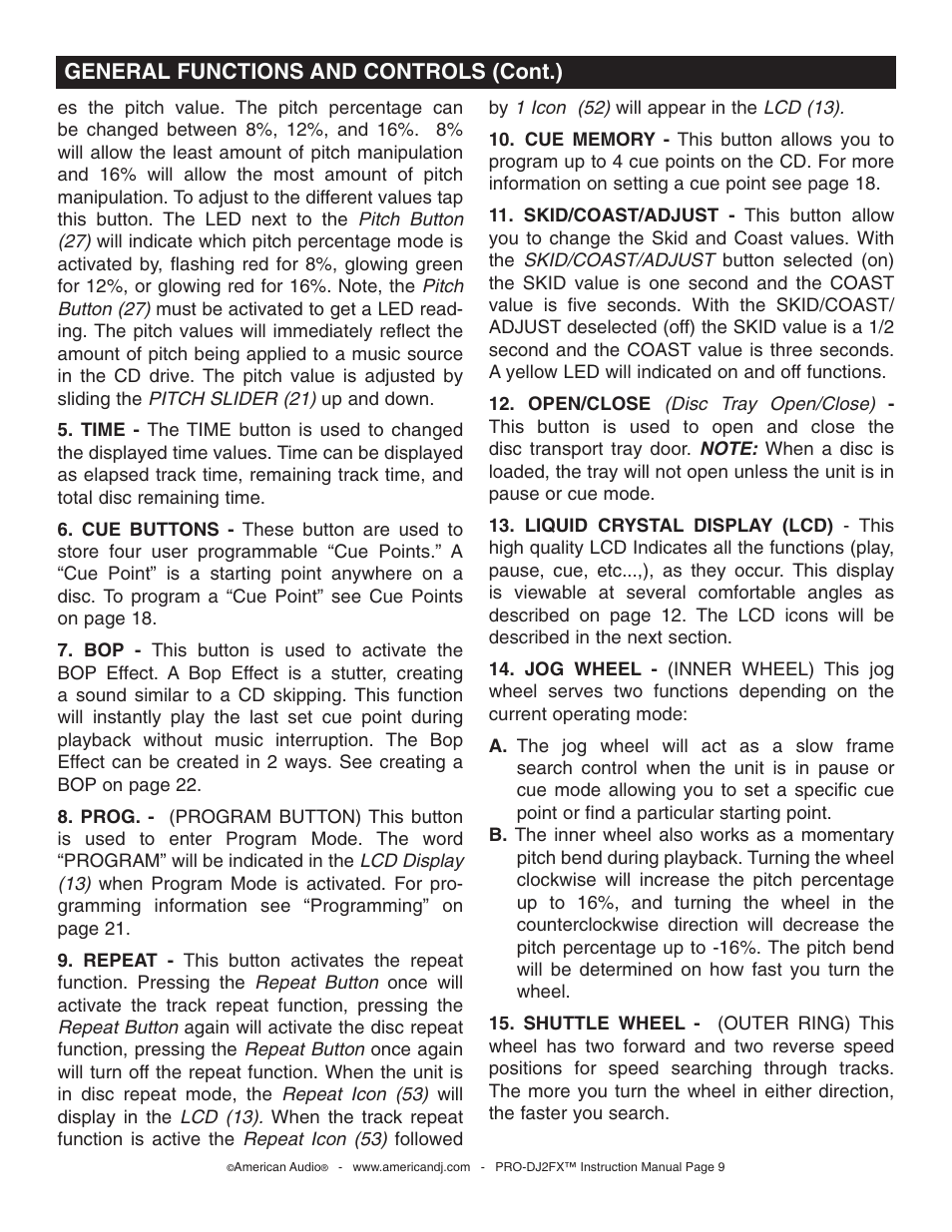 General functions and controls (cont.) | American Audio PRO-DJ2FX User Manual | Page 9 / 28