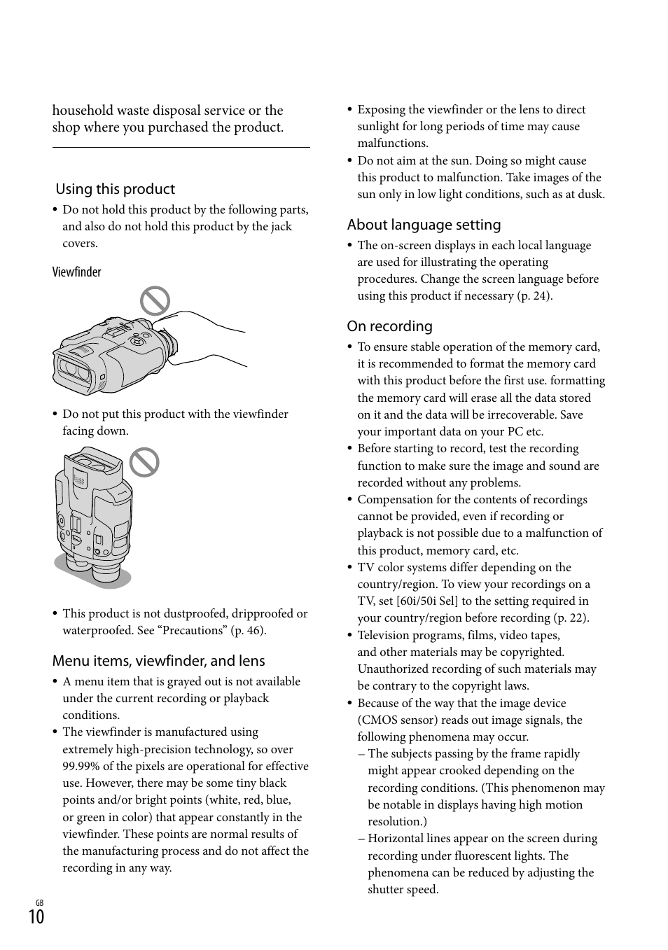 Using this product, Menu items, viewfinder, and lens, About language setting | On recording, Viewfinder | Sony DEV-3 User Manual | Page 10 / 271
