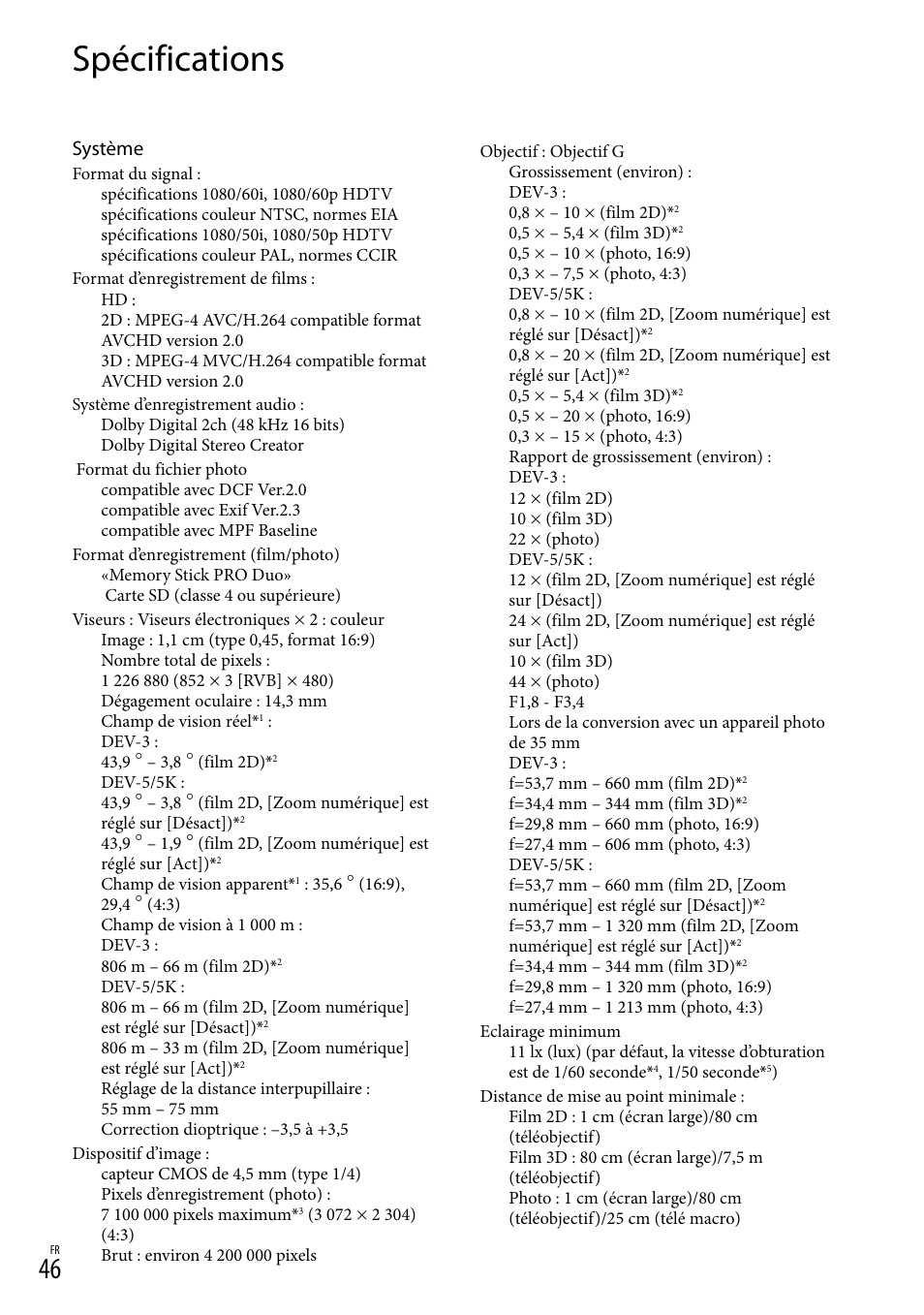 Spécifications, Système | Sony DEV-3 User Manual | Page 100 / 271