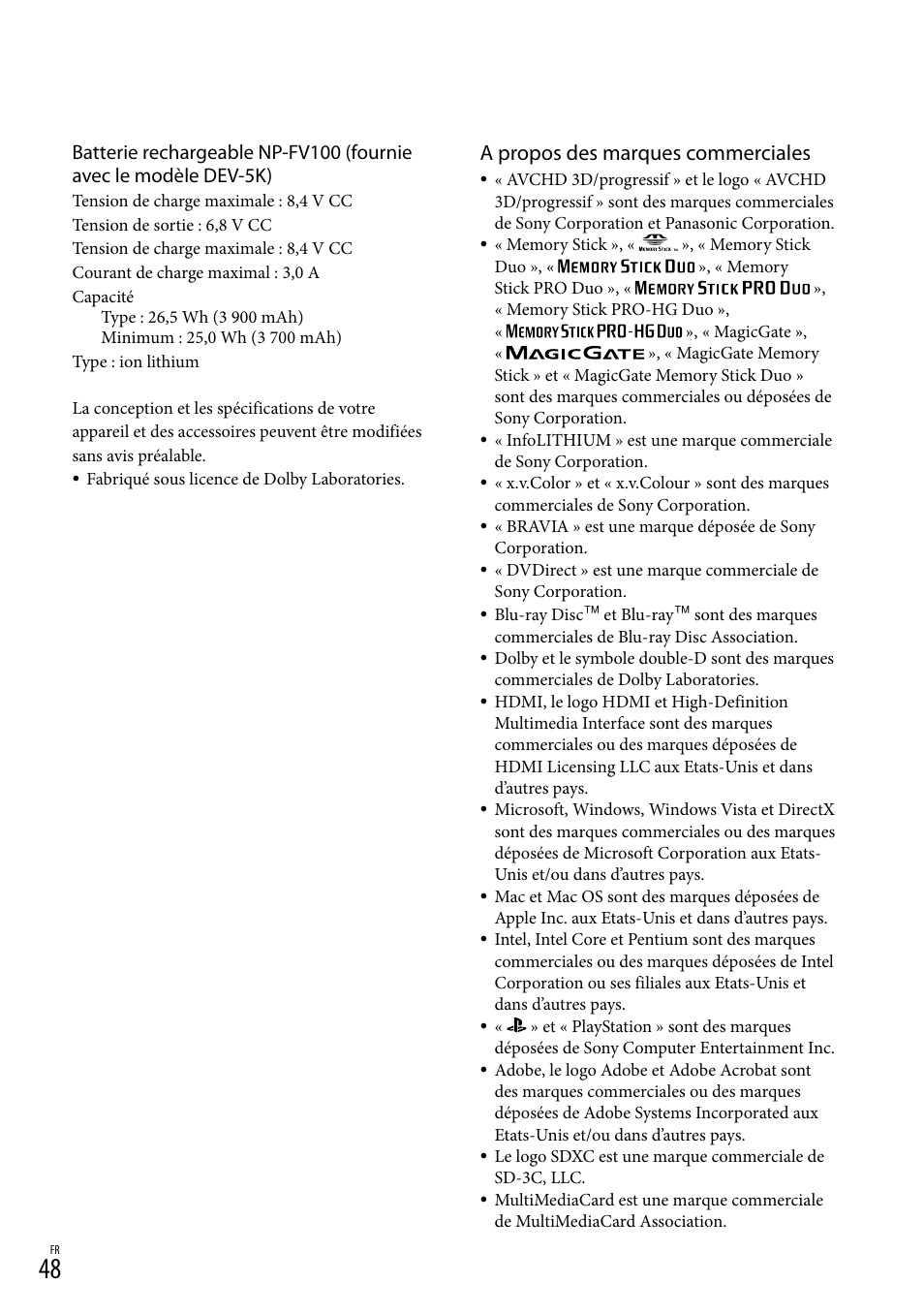 A propos des marques commerciales | Sony DEV-3 User Manual | Page 102 / 271