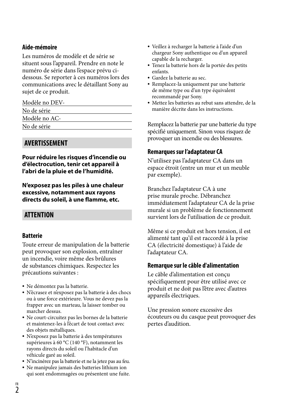 Frca, Avertissement, Attention | Aide-mémoire, Batterie, Remarques sur l’adaptateur ca, Remarque sur le câble d'alimentation | Sony DEV-3 User Manual | Page 110 / 271