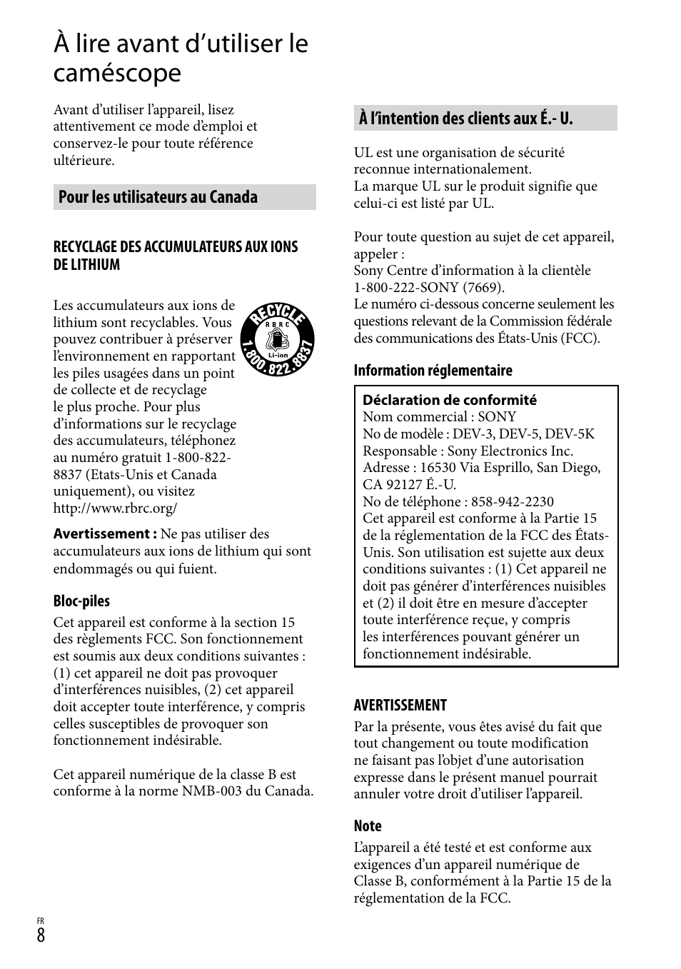 À lire avant d’utiliser le caméscope, Pour les utilisateurs au canada, À l’intention des clients aux é.- u | Sony DEV-3 User Manual | Page 116 / 271