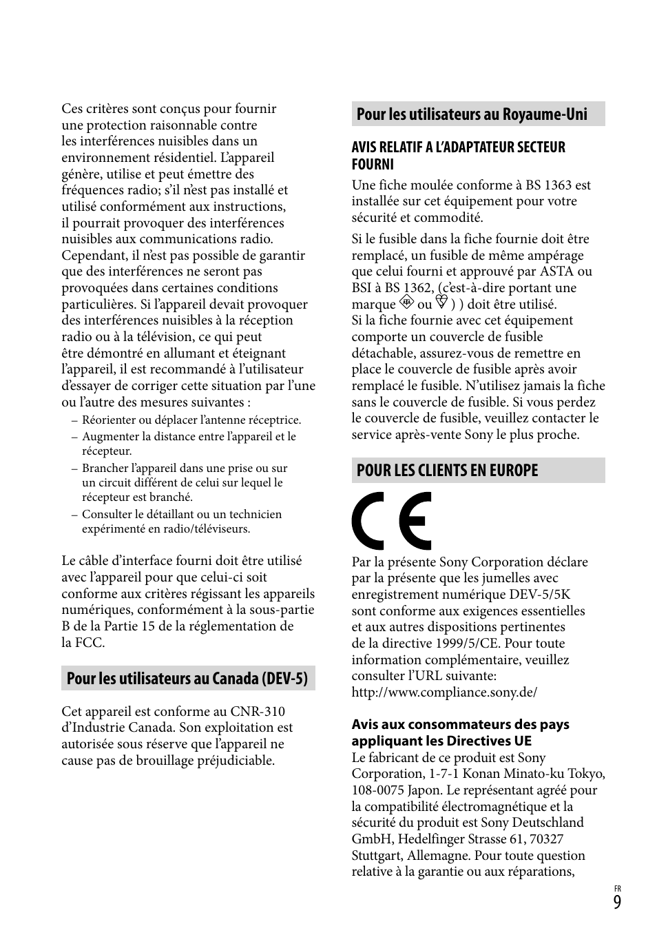 Pour les utilisateurs au canada (dev-5), Pour les utilisateurs au royaume-uni, Pour les clients en europe | Sony DEV-3 User Manual | Page 117 / 271