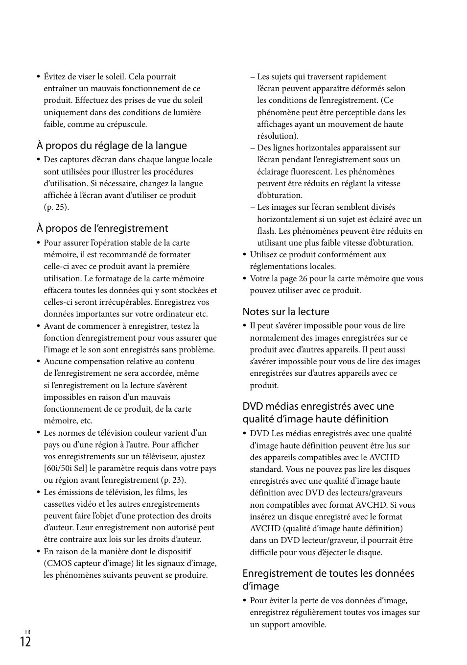 À propos du réglage de la langue, À propos de l’enregistrement, Enregistrement de toutes les données d’image | Sony DEV-3 User Manual | Page 120 / 271