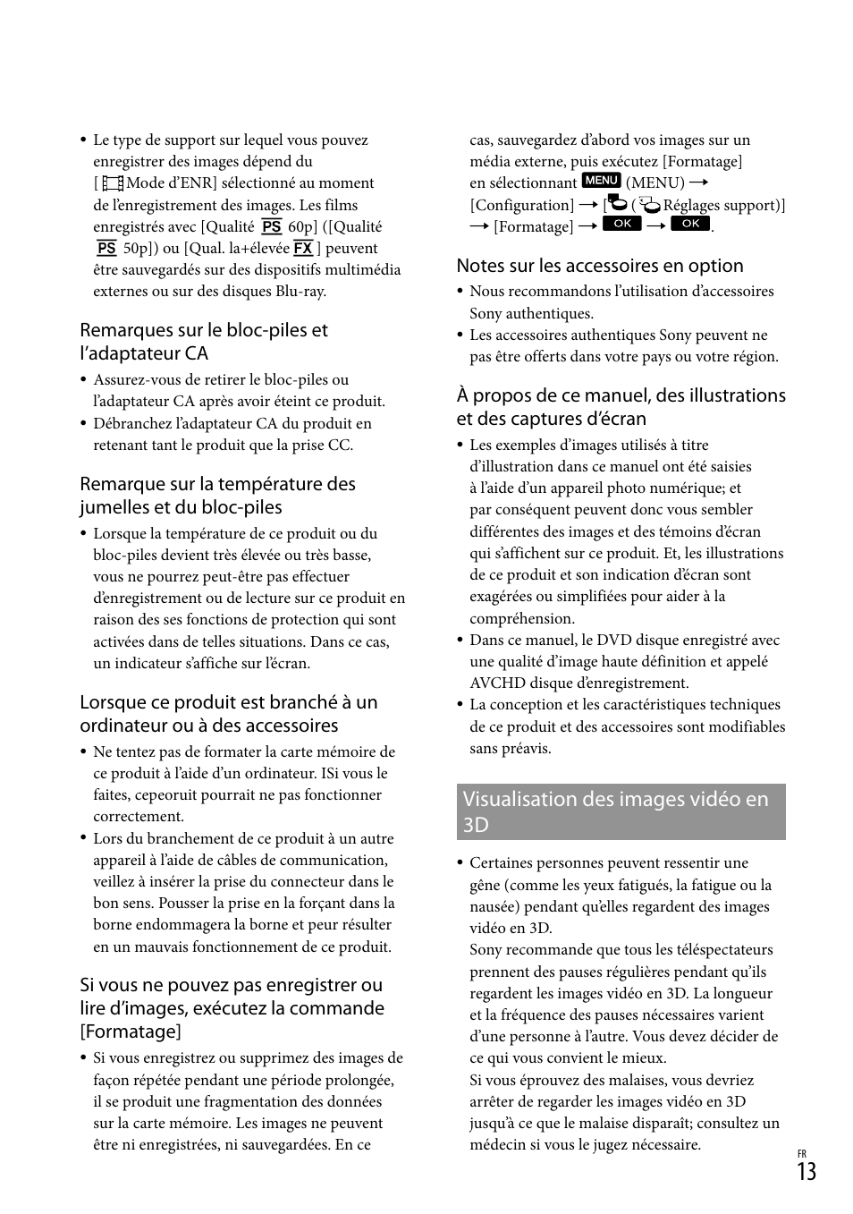 Visualisation des images vidéo en 3d, Remarques sur le bloc-piles et l’adaptateur ca | Sony DEV-3 User Manual | Page 121 / 271