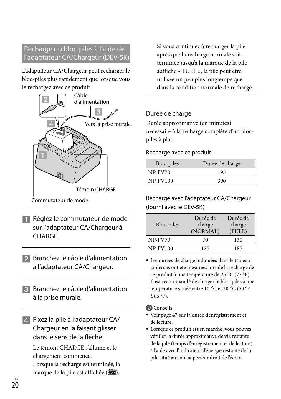 Recharge du bloc-piles à l’aide de, L’adaptateur ca/chargeur, Dev-5k) | Sony DEV-3 User Manual | Page 128 / 271