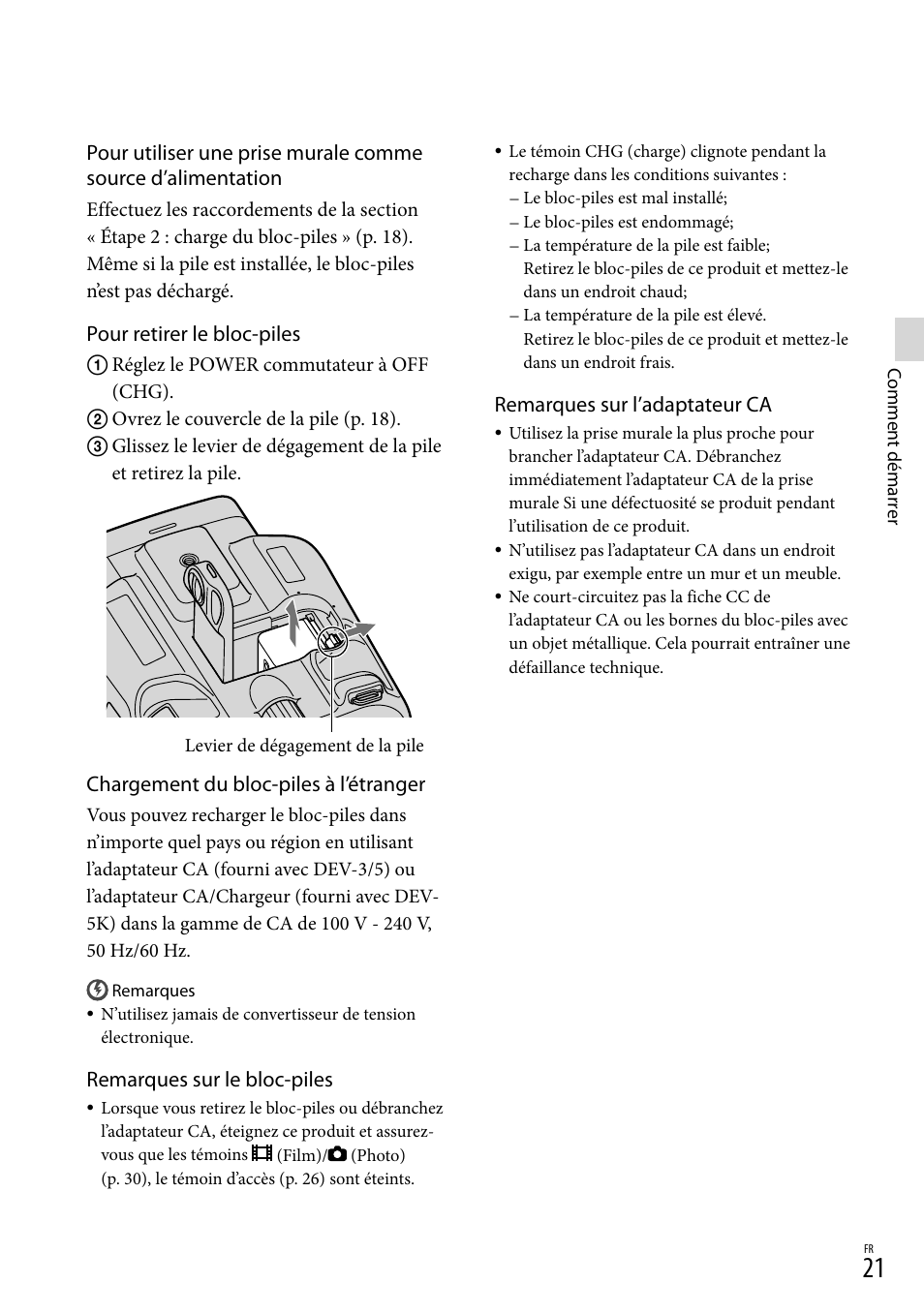 Remarques sur l’adaptateur ca, Pour retirer le bloc-piles, Chargement du bloc-piles à l’étranger | Remarques sur le bloc-piles | Sony DEV-3 User Manual | Page 129 / 271