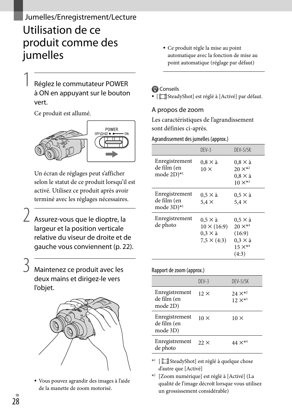 Jumelles/enregistrement/lecture, Utilisation de ce produit comme des jumelles, Jumelles/enregistrement | Lecture, Utilisation de ce produit comme des, Jumelles | Sony DEV-3 User Manual | Page 136 / 271