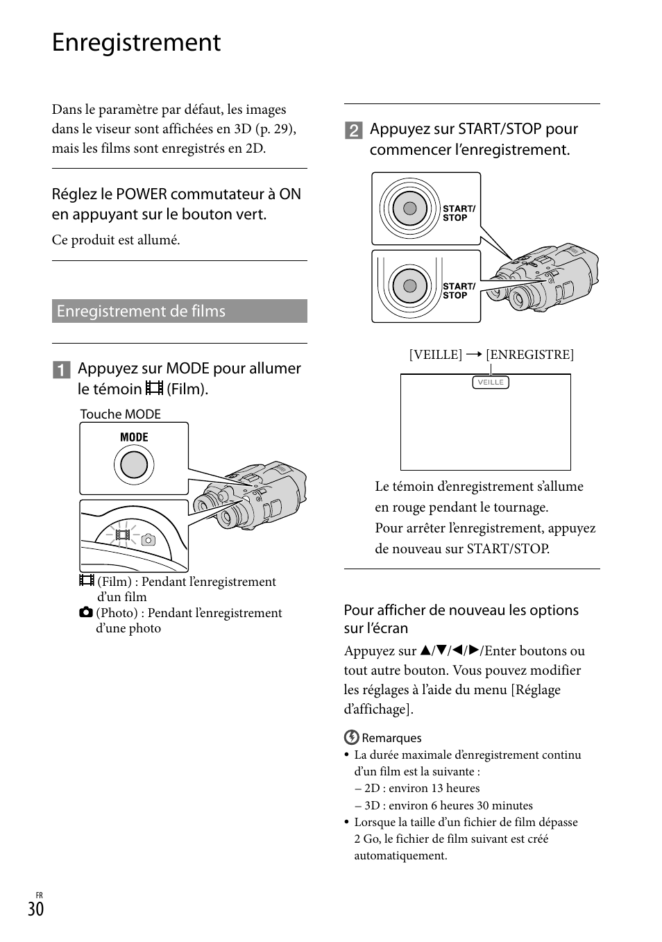Enregistrement, Enregistrement de films, 30), le t | Sony DEV-3 User Manual | Page 138 / 271