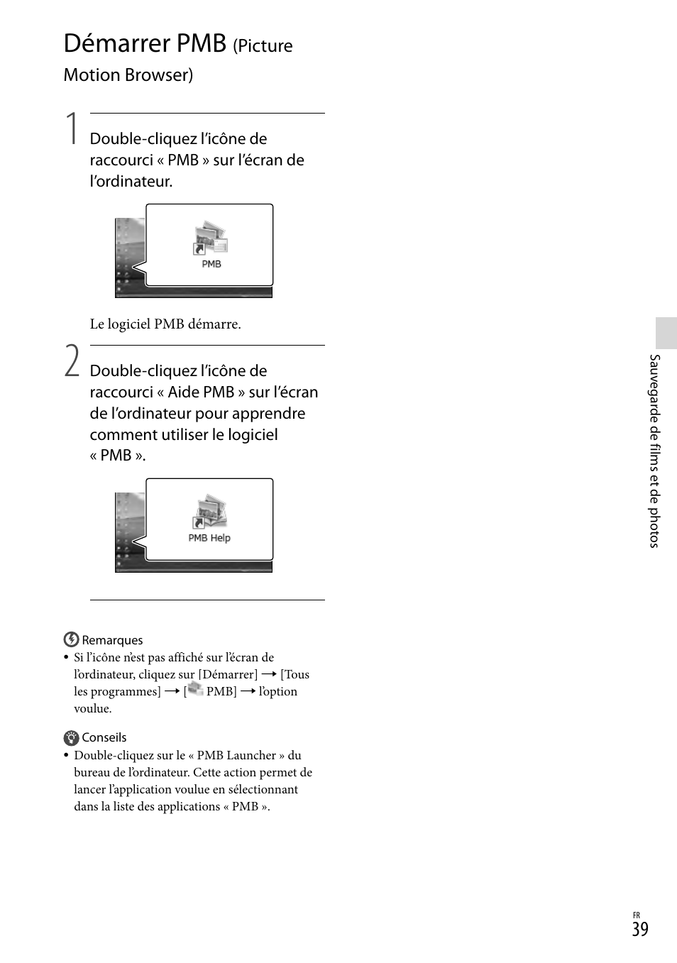 Démarrer pmb (picture motion browser), Démarrer pmb, Picture motion browser) | Sony DEV-3 User Manual | Page 147 / 271