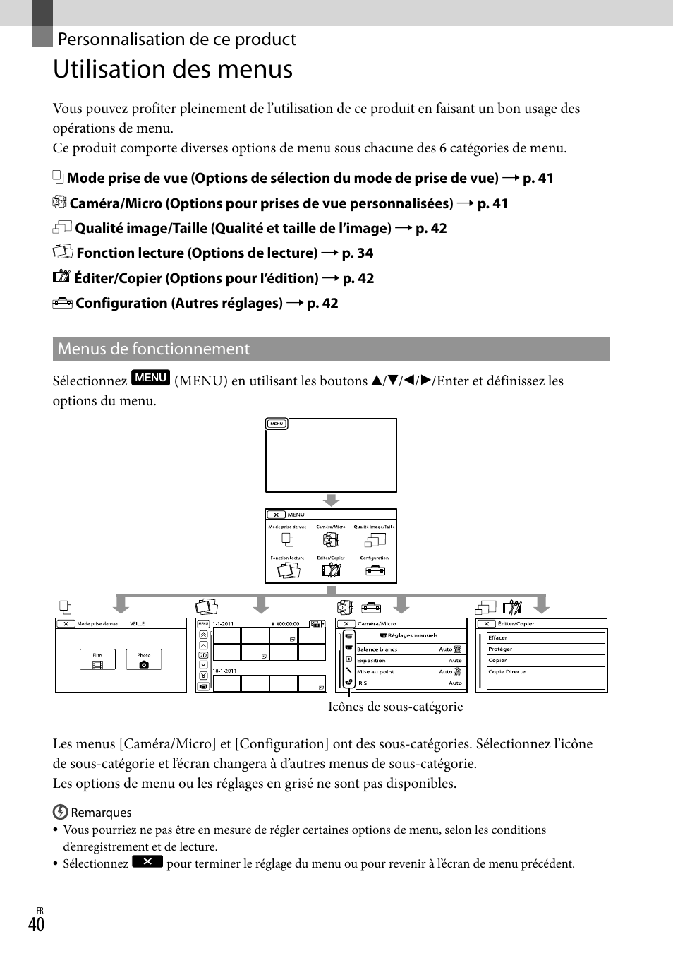 Personnalisation de ce product, Utilisation des menus, Menus de fonctionnement | Personnalisation de ce, Product | Sony DEV-3 User Manual | Page 148 / 271