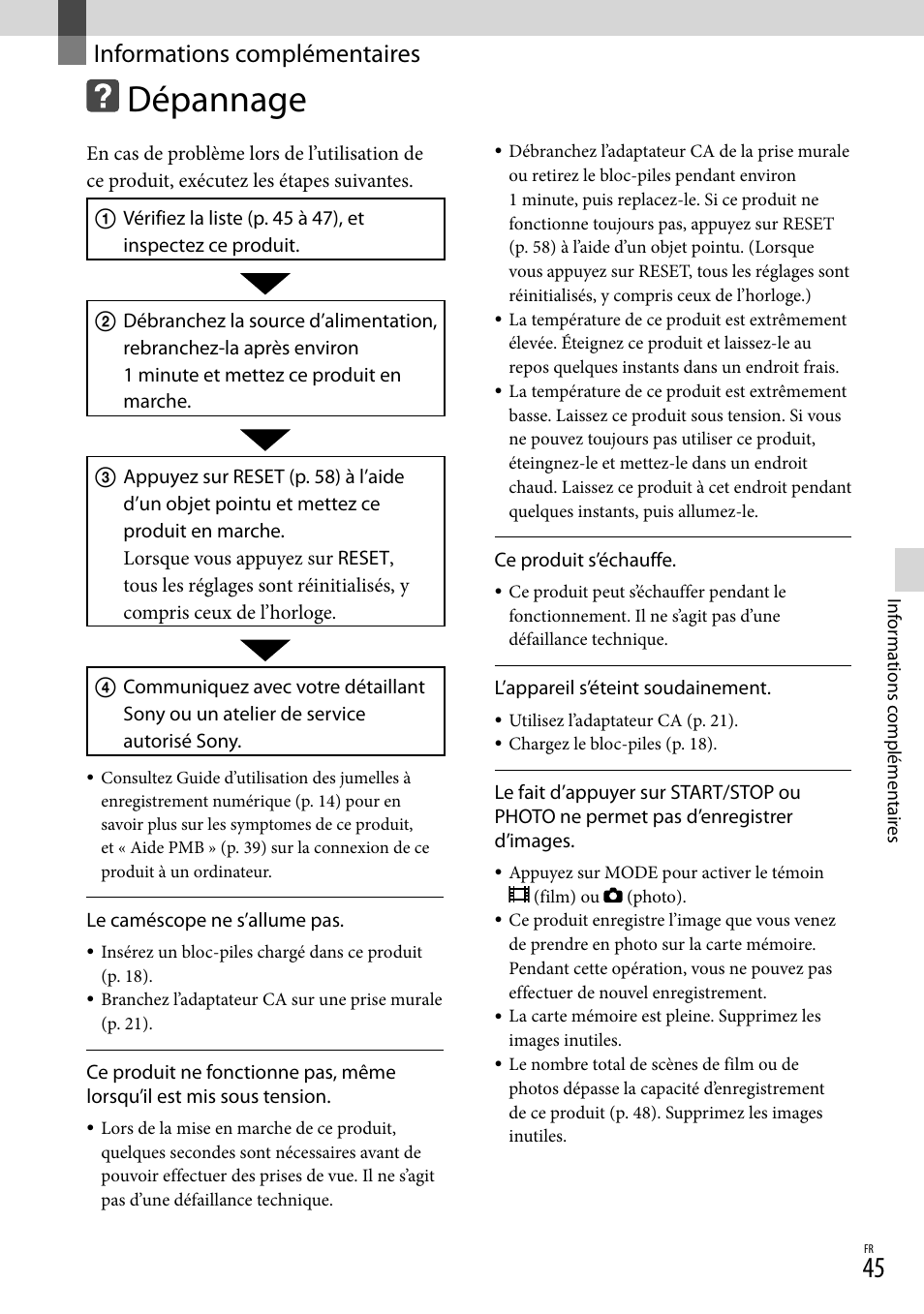 Informations complémentaires, Dépannage, Informations | Complémentaires | Sony DEV-3 User Manual | Page 153 / 271