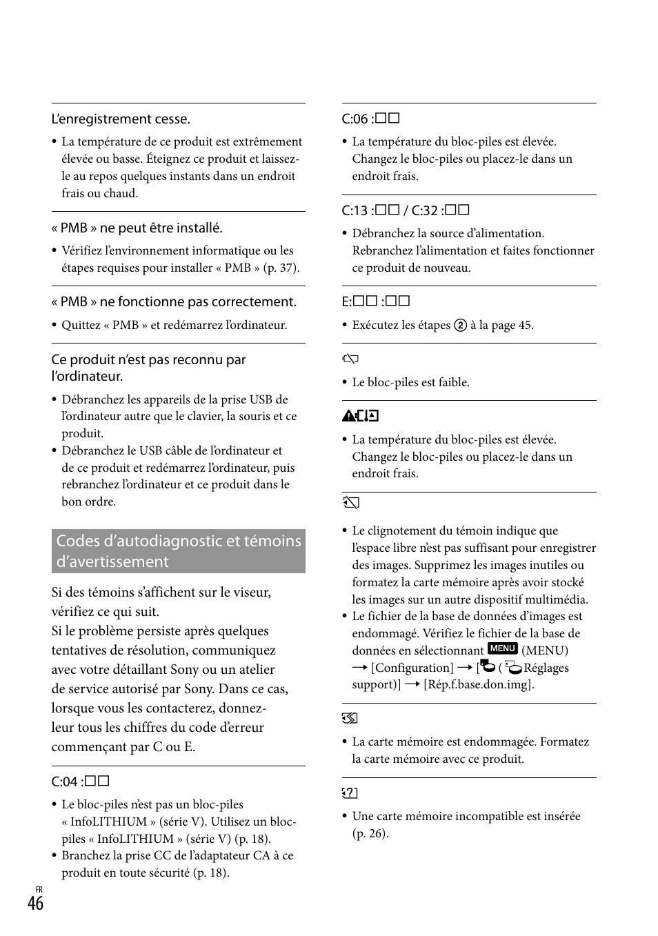 Codes d’autodiagnostic et témoins d’avertissement, Codes d’autodiagnostic et témoins, D’avertissement | Sony DEV-3 User Manual | Page 154 / 271