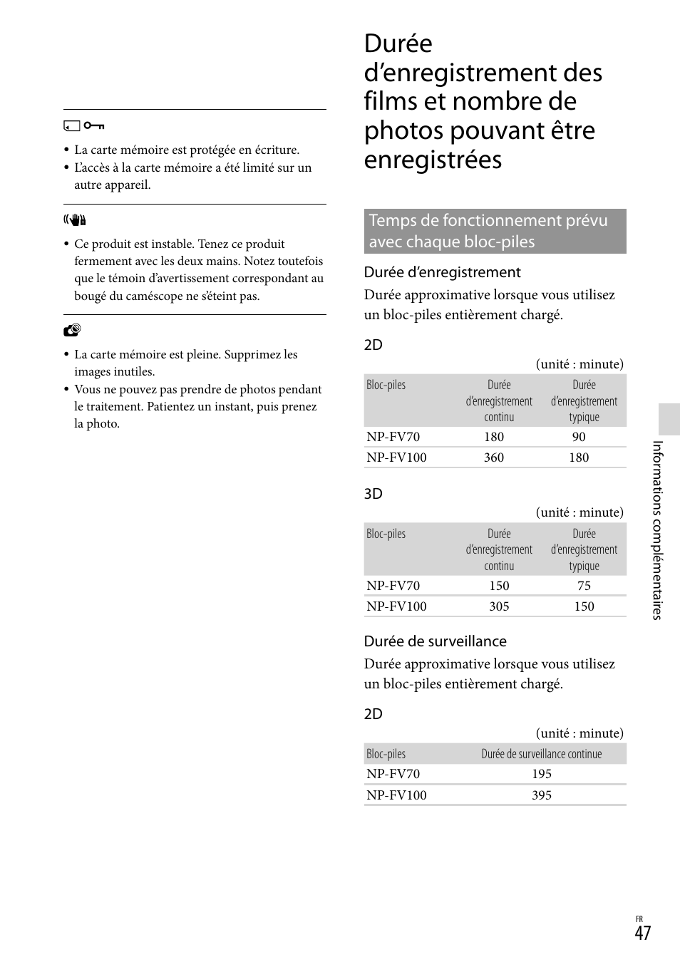 Durée d’enregistrement des films, Et nombre de photos pouvant être, Enregistrées | Temps de fonctionnement prévu avec, Chaque bloc-piles | Sony DEV-3 User Manual | Page 155 / 271