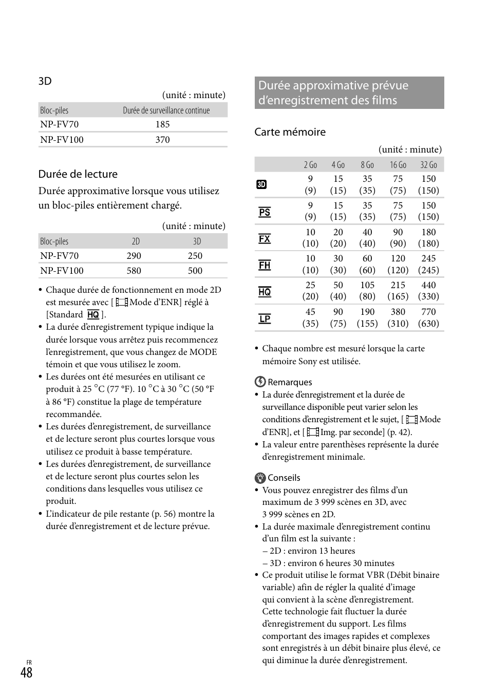 Durée approximative prévue, D’enregistrement des films, 48). s | Durée de lecture, Carte mémoire | Sony DEV-3 User Manual | Page 156 / 271