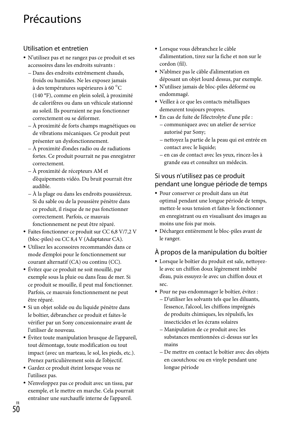 Précautions, Utilisation et entretien, À propos de la manipulation du boîtier | Sony DEV-3 User Manual | Page 158 / 271