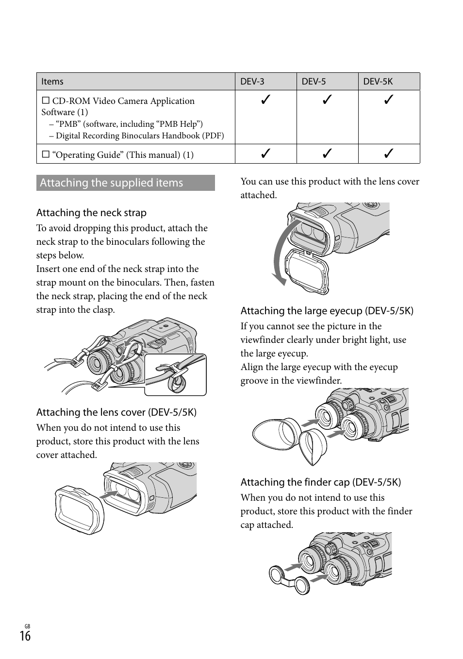 Attaching the supplied items | Sony DEV-3 User Manual | Page 16 / 271