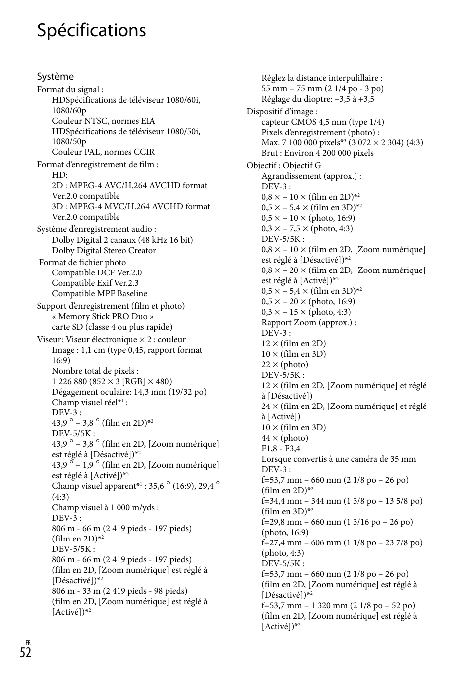 Spécifications, Système | Sony DEV-3 User Manual | Page 160 / 271
