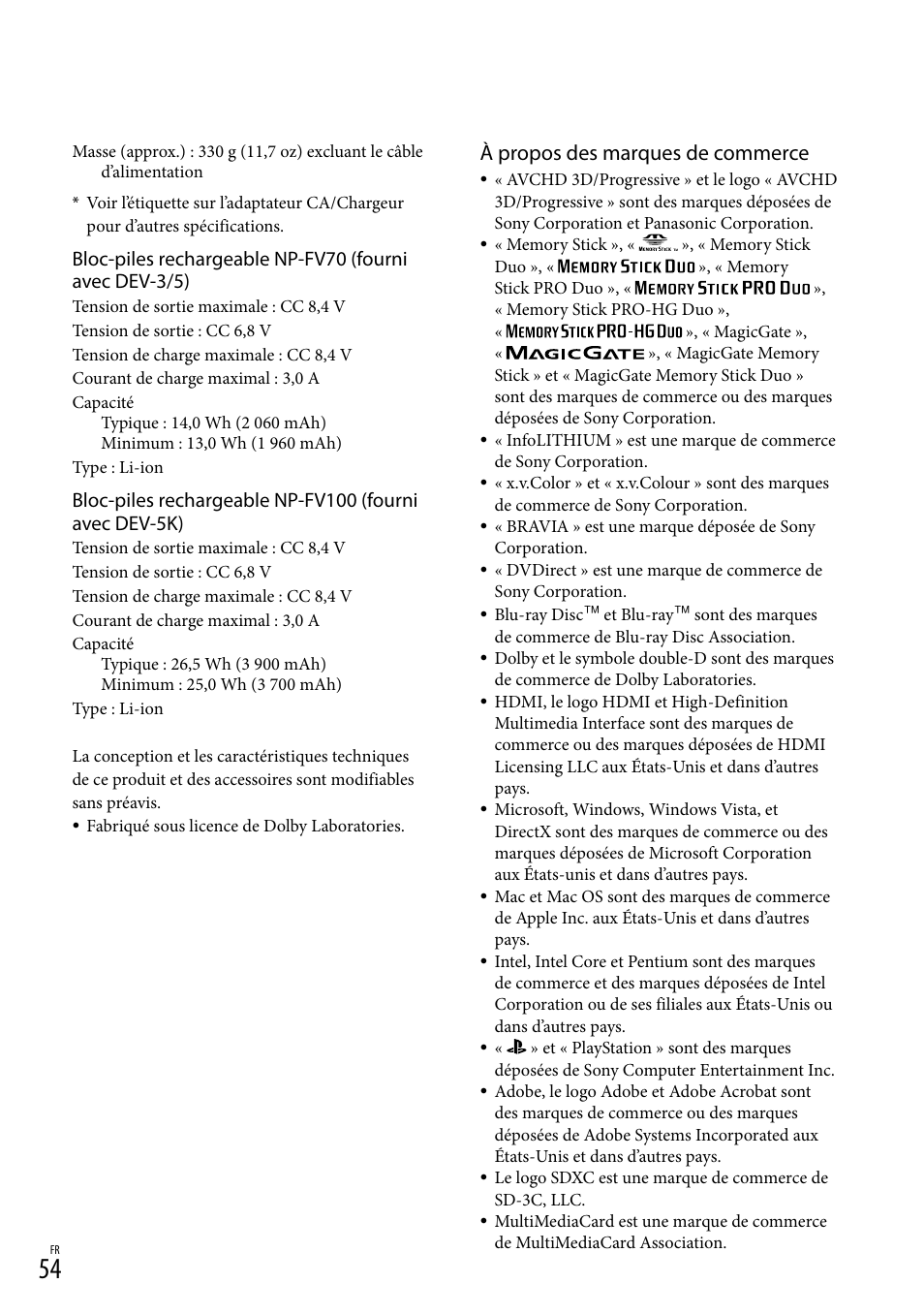 À propos des marques de commerce | Sony DEV-3 User Manual | Page 162 / 271