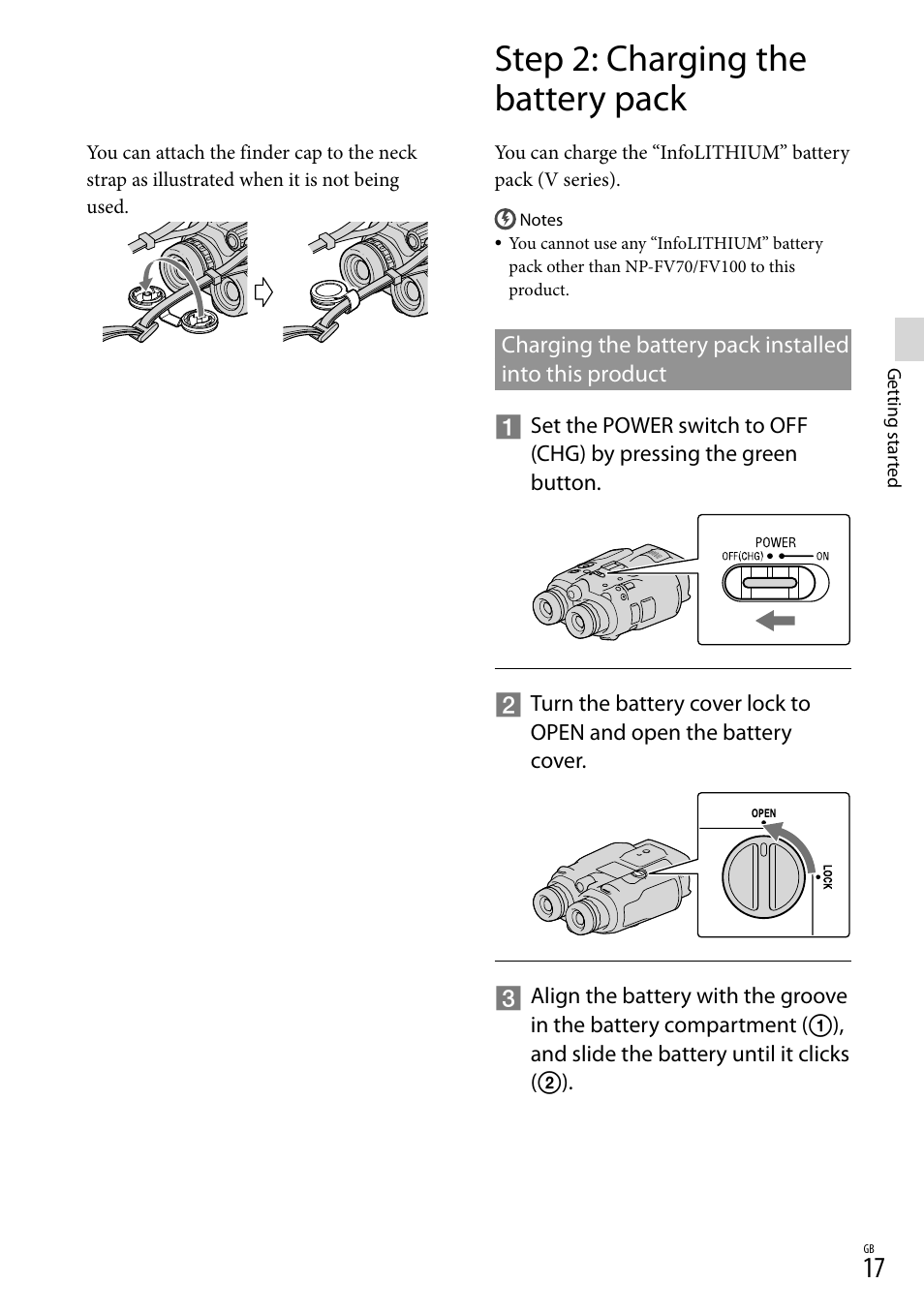 Step 2: charging the battery pack, Charging the battery pack installed, Into this product | Sony DEV-3 User Manual | Page 17 / 271