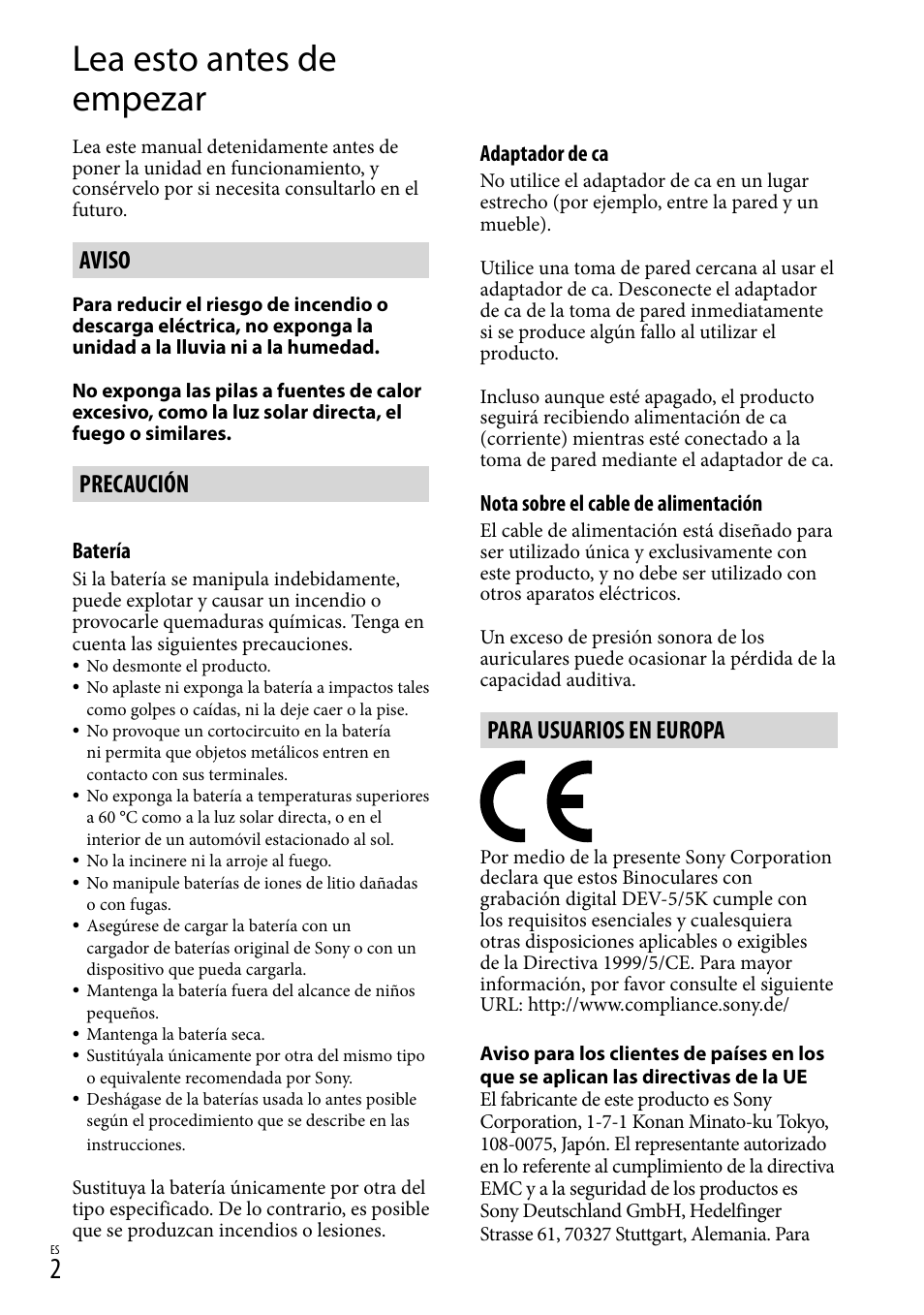 Lea esto antes de empezar, Aviso, Precaución | Para usuarios en europa | Sony DEV-3 User Manual | Page 170 / 271