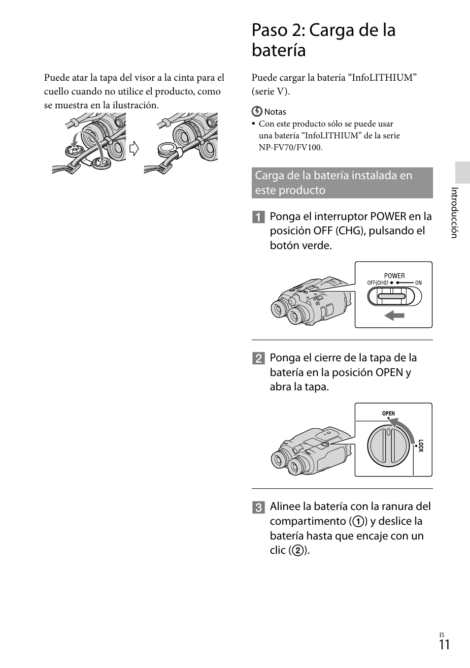 Paso 2: carga de la batería, Carga de la batería instalada en este producto, Carga de la batería instalada en | Este producto | Sony DEV-3 User Manual | Page 179 / 271