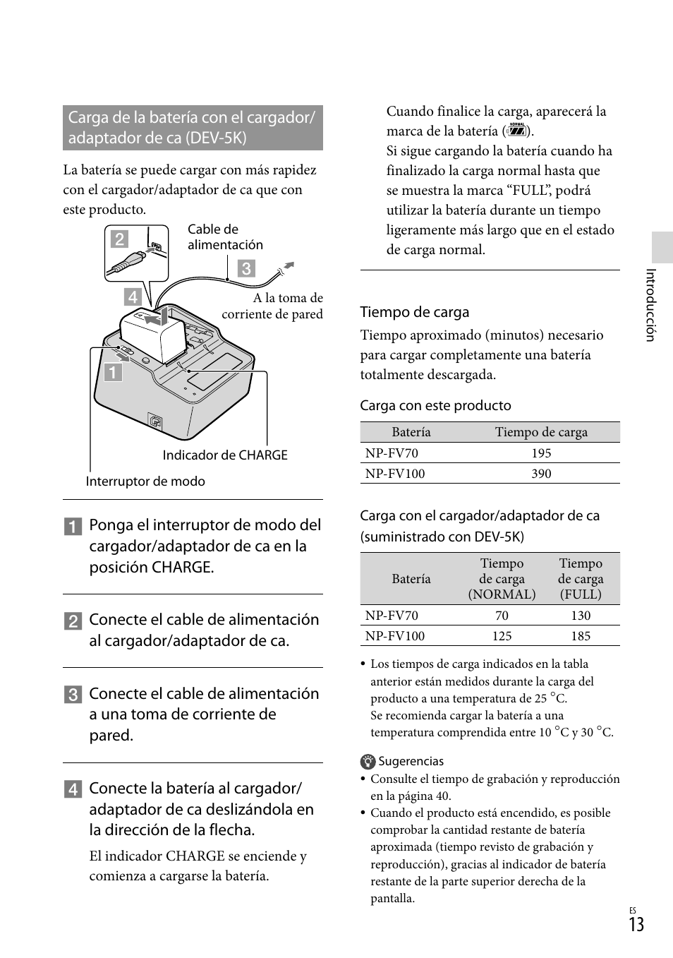 Carga de la batería con el cargador, Adaptador de ca (dev-5k) | Sony DEV-3 User Manual | Page 181 / 271