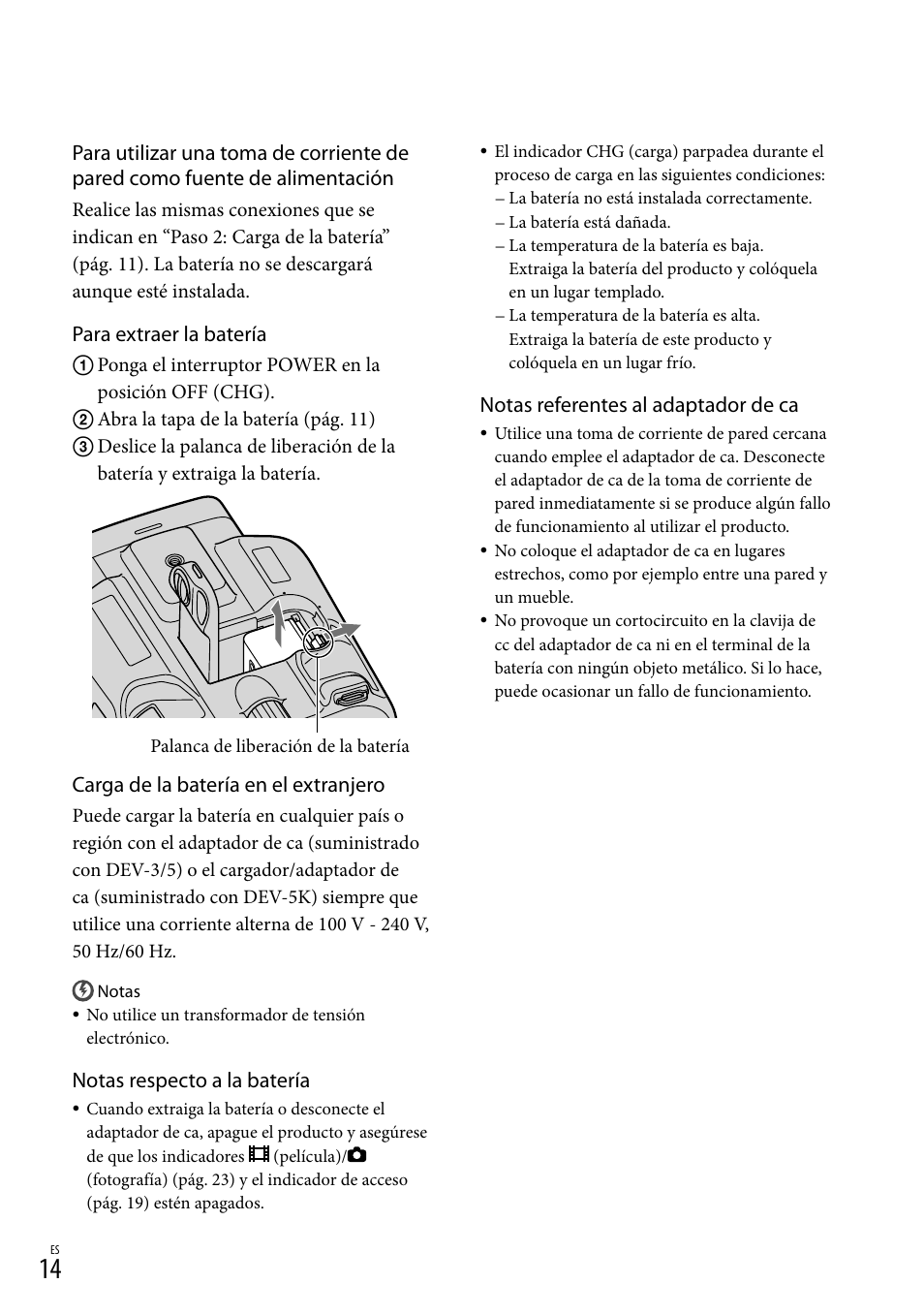 Notas referentes al adaptador de ca, Para extraer la batería, Carga de la batería en el extranjero | Notas respecto a la batería | Sony DEV-3 User Manual | Page 182 / 271