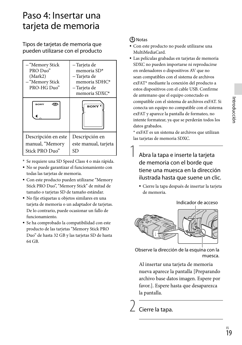 Paso 4: insertar una tarjeta de memoria, Paso 4: insertar una tarjeta de, Memoria | 19) es | Sony DEV-3 User Manual | Page 187 / 271